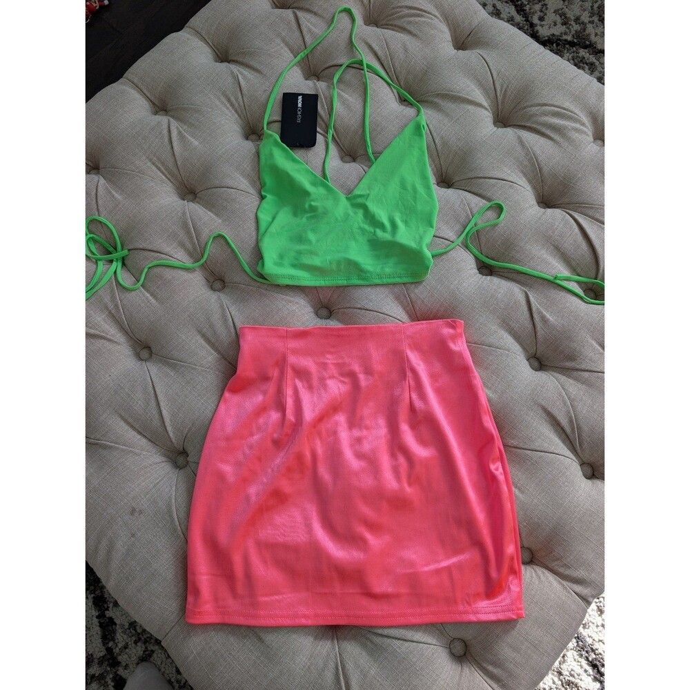 Fashion Nova Neon Green Cropped Top And Neon Pink Skirt Outfit Size Small S